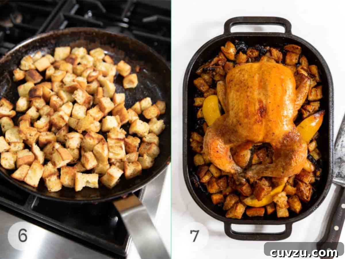 Ina Gartens Bright Lemon Chicken 6 A skillet filled with golden toasted croutons and a small roasting pan with a perfectly cooked whole chicken on top of lemon wedges and croutons.