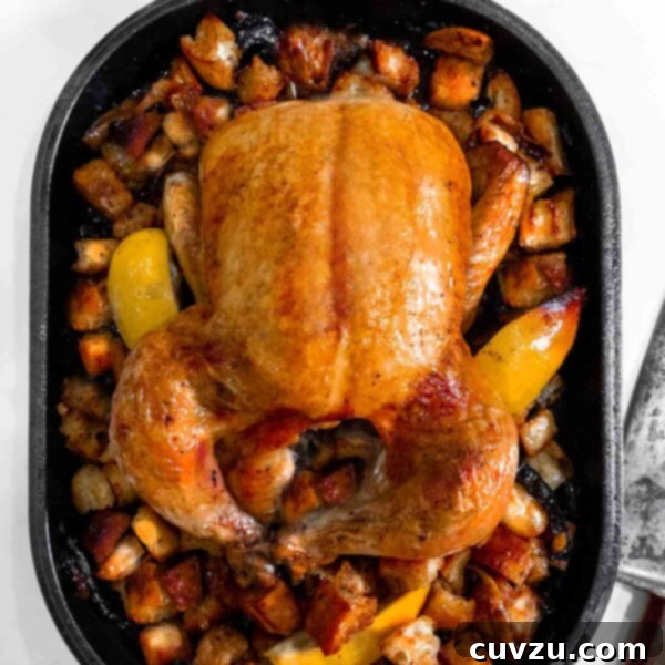 Ina Gartens Bright Lemon Chicken 8 Ina Garten's lemon chicken roasted on top of a bed of bread croutons and lemon wedges in a cast iron pan.