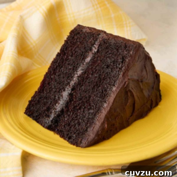 A slice of Hershey's chocolate cake with chocolate frosting on a yellow plate, with the remaining cake on a stand in the background.