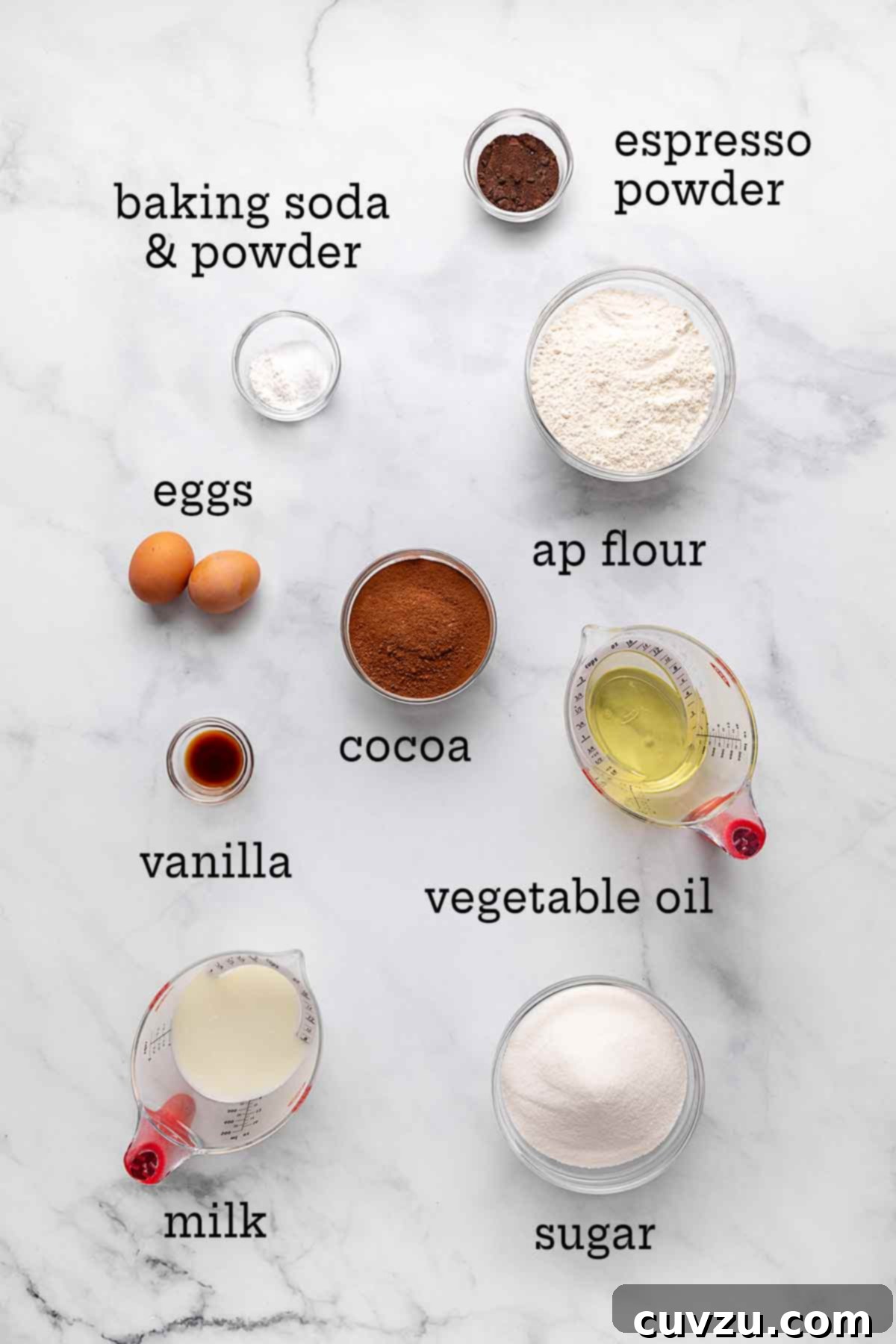 Next-Level Hershey's Chocolate Cake 4 A flat lay of all ingredients required for Hershey's chocolate cake, including flour, sugar, cocoa, oil, milk, vanilla extract, eggs, baking soda, baking powder, and a small container of espresso powder.