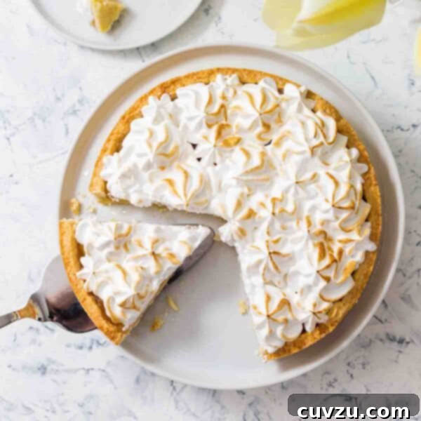 A lemon meringue tart, beautifully presented in a white dish, with a slice on a plate, highlighting its luscious layers. A true dessert masterpiece.