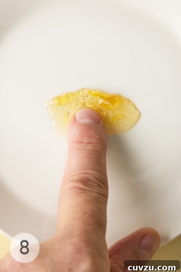 Fragrant Meyer Lemon Marmalade 14 A fingertip gently pressing a small dollop of Meyer lemon marmalade on a white plate to test its consistency.