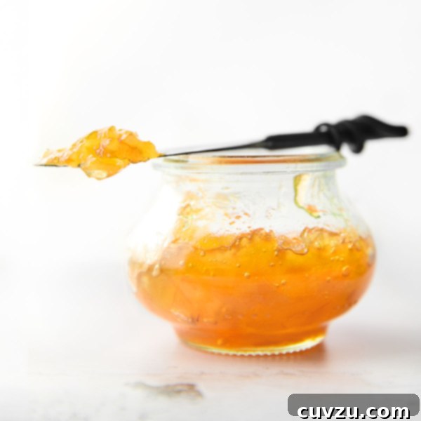 A small jam jar filled with Meyer lemon marmalade. Resting on top is a knife with a dollop of marmalade on top.