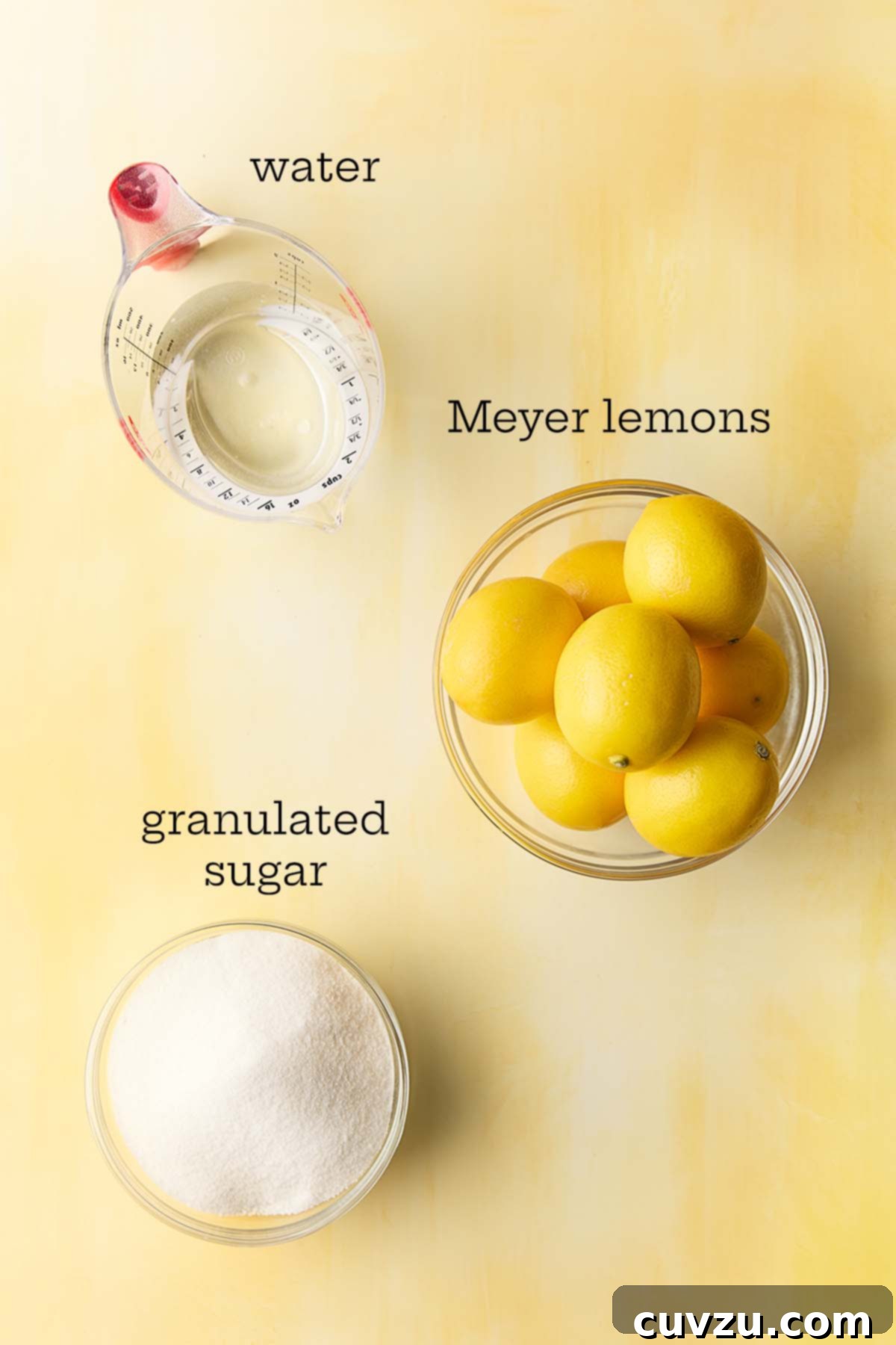 Fragrant Meyer Lemon Marmalade 5 The simple yet crucial ingredients for Meyer lemon marmalade: vibrant Meyer lemons, sparkling granulated sugar, and clear water.