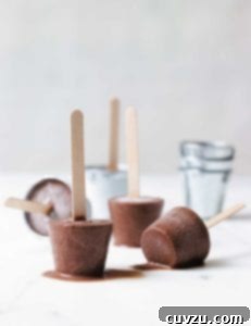 Homemade chocolate fudge pops melting slightly on a white surface, showcasing their creamy texture.