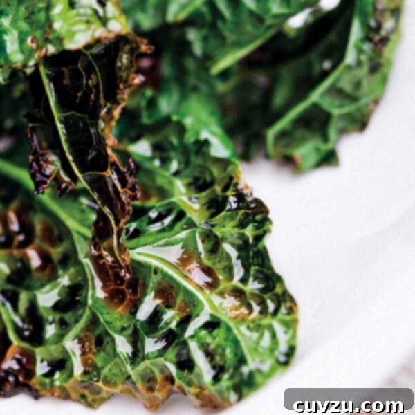 A few pieces of perfectly grilled lacinato kale, stacked on a pristine white plate, showcasing its crispy texture and vibrant green color with hints of smoky char.