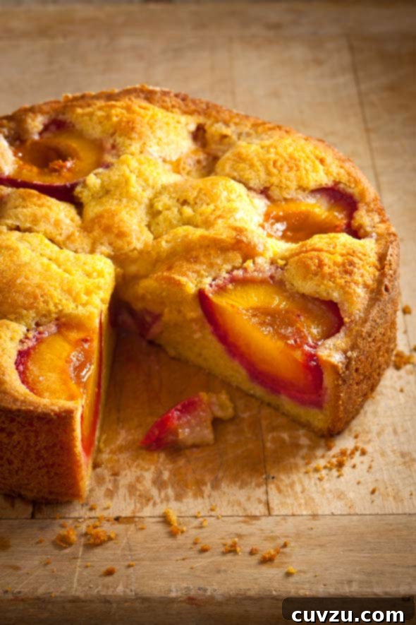 A round polenta plum cake on a wooden table with one slice cut from it, showcasing its golden crust and juicy plum filling.