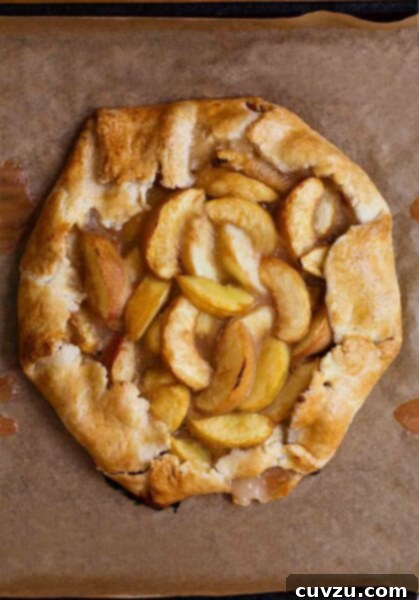 Rustic White Peach Tart 3 A white peach crostata--slices of white peaches in a circle of dough folded over on the edges sitting a sheet of parchment.