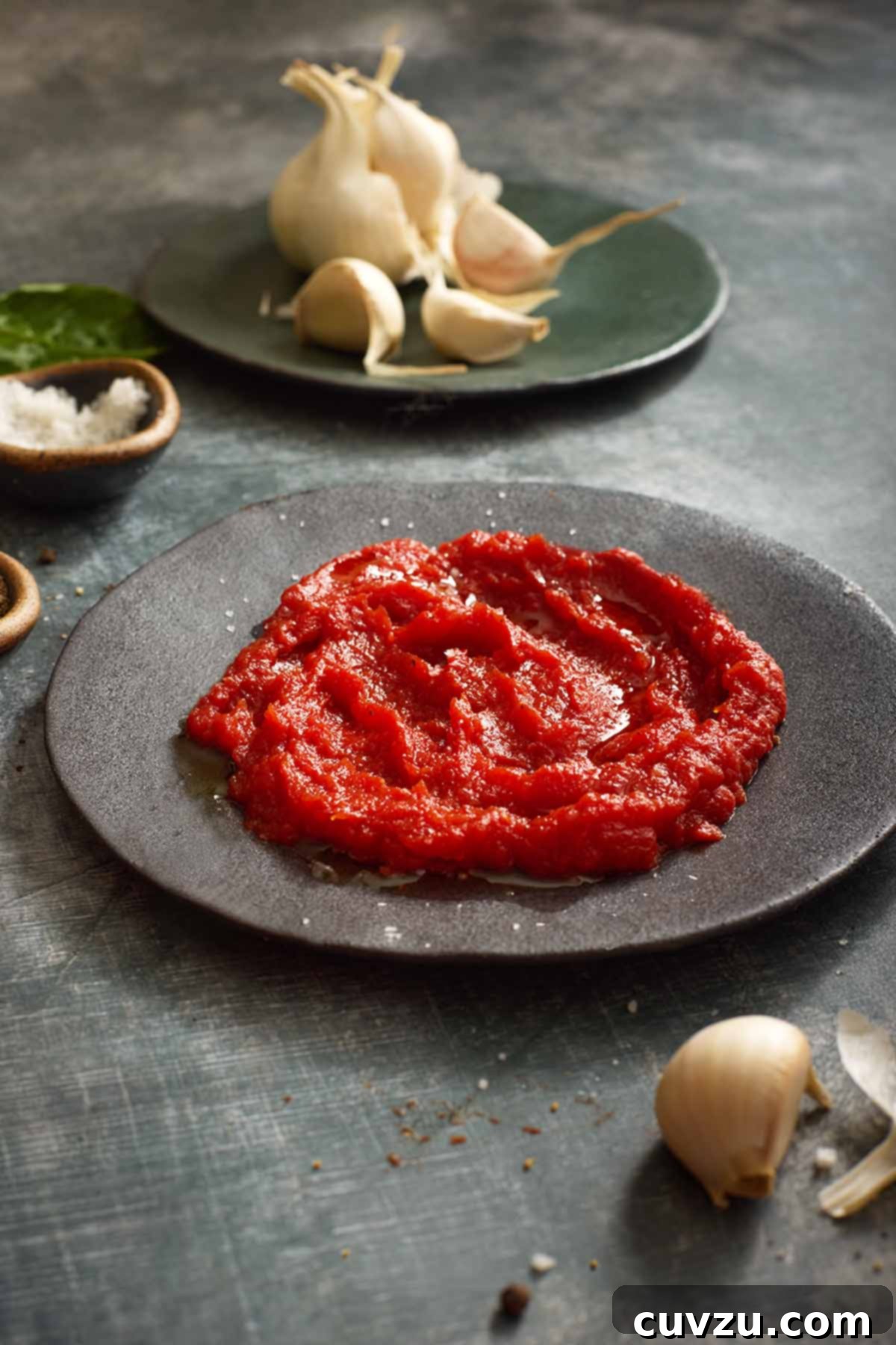 The Art of Homemade Tomato Paste 12 Homemade tomato paste on a dark plate with a bowl of salt and a head of garlic in the background.