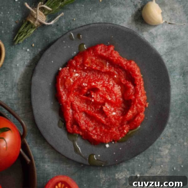 The Art of Homemade Tomato Paste 13 A dark plate with a mound of homemade tomato paste drizzled with olive oil and sprinkled with salt.
