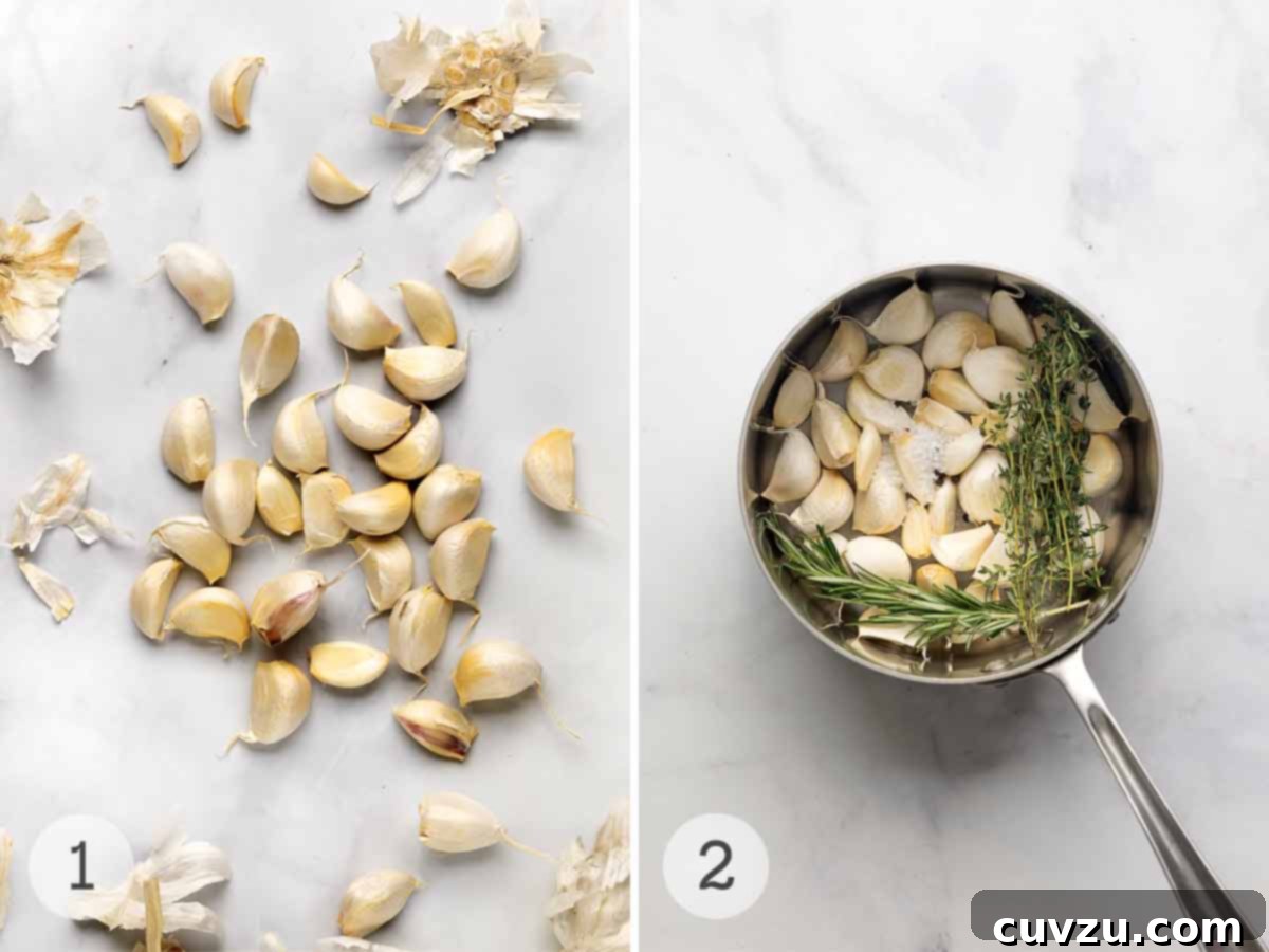 Golden Garlic Velvet 5 Loose garlic cloves with their husks neatly arranged nearby, and a saucepan already filled with peeled garlic cloves, sprigs of rosemary, and thyme, ready for the oil.