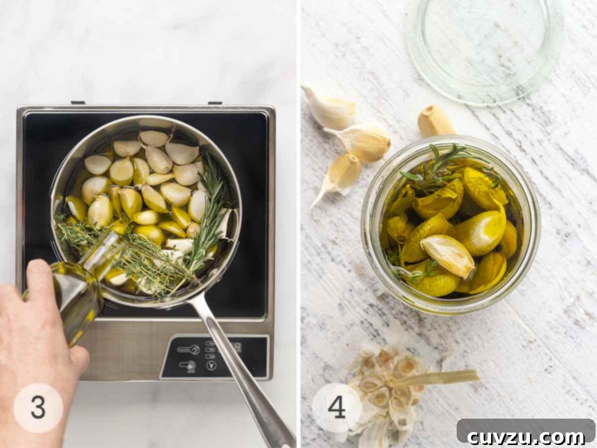 Golden Garlic Velvet 6 A person carefully pouring extra-virgin olive oil into a pot filled with garlic, rosemary, and thyme, alongside a finished jar of golden garlic confit, showcasing the process and the end product.