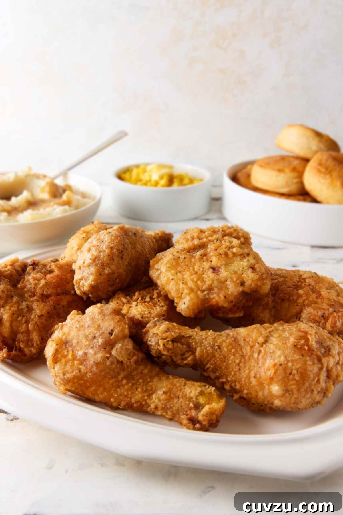 Effortless Extra Crispy Batter Fried Chicken 15 Pieces of batter-fried chicken piled on a white platter.