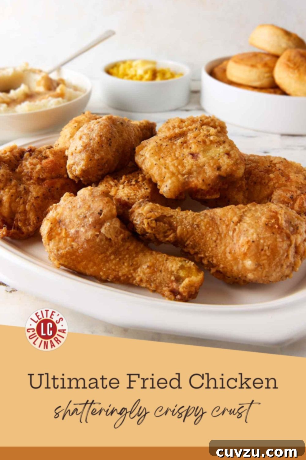 A white platter piled high with golden, crispy fried chicken, with classic side dishes of potatoes, corn, and biscuits behind it.