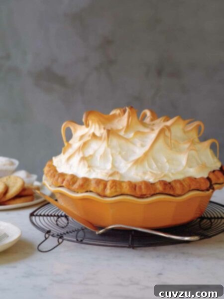 A pumpkin meringue pie in an orange stoneware pie plate, sitting on a cooling rack with a pie server.