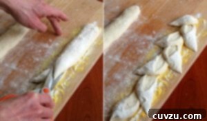 Two side-by-side photos demonstrating the process of forming Pain d'Epi with kitchen scissors.