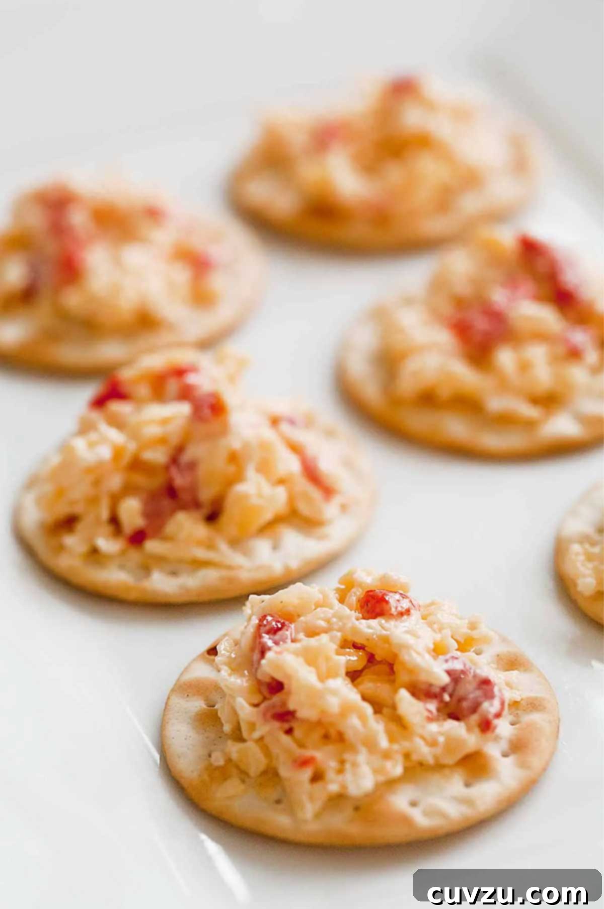 Southern Pimento Cheese 2 Crackers topped with creamy, vibrant pimento cheese, ready to be served as an appetizer.