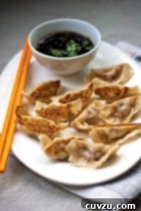 A white oval plate filled with pot stickers, a pair of chopsticks, and dipping sauce, highlighting the crisp bottoms and tender filling.