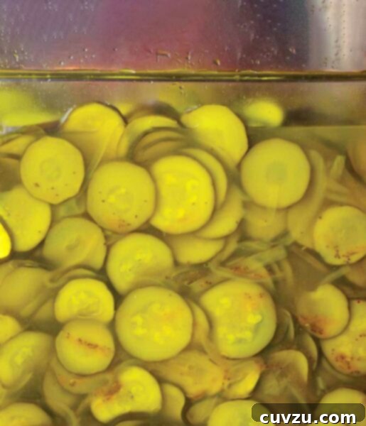 A close-up of a glass jar, filled with sliced, pickled zucchini and a few slices of onion.