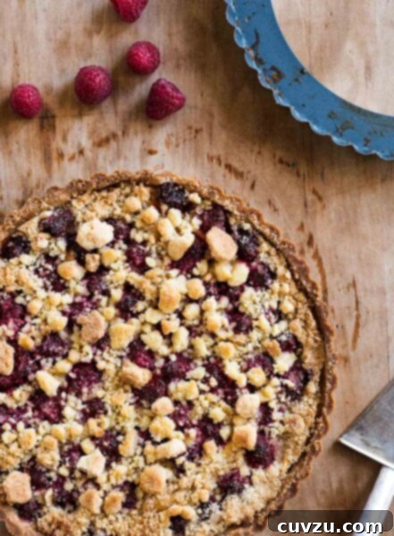 A close-up view of a baked raspberry crumble tart, showcasing its golden streusel topping and ruby-red raspberry filling, with a few fresh berries scattered nearby.