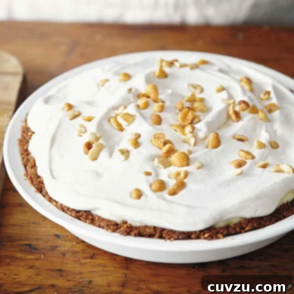 Decadent Peanut Butter Pie 3 A beautiful slice of peanut butter pie resting on a white plate, clearly showcasing the distinct layers of the crunchy crust, sweet banana slices, rich creamy filling, and a generous dollop of whipped cream.