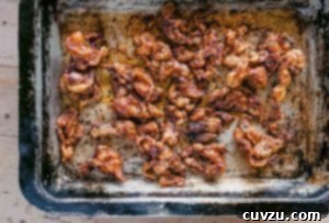 Golden Crispy Chicken Skin 3 An old roasting pan filled with cooked nuggets of chicken skin