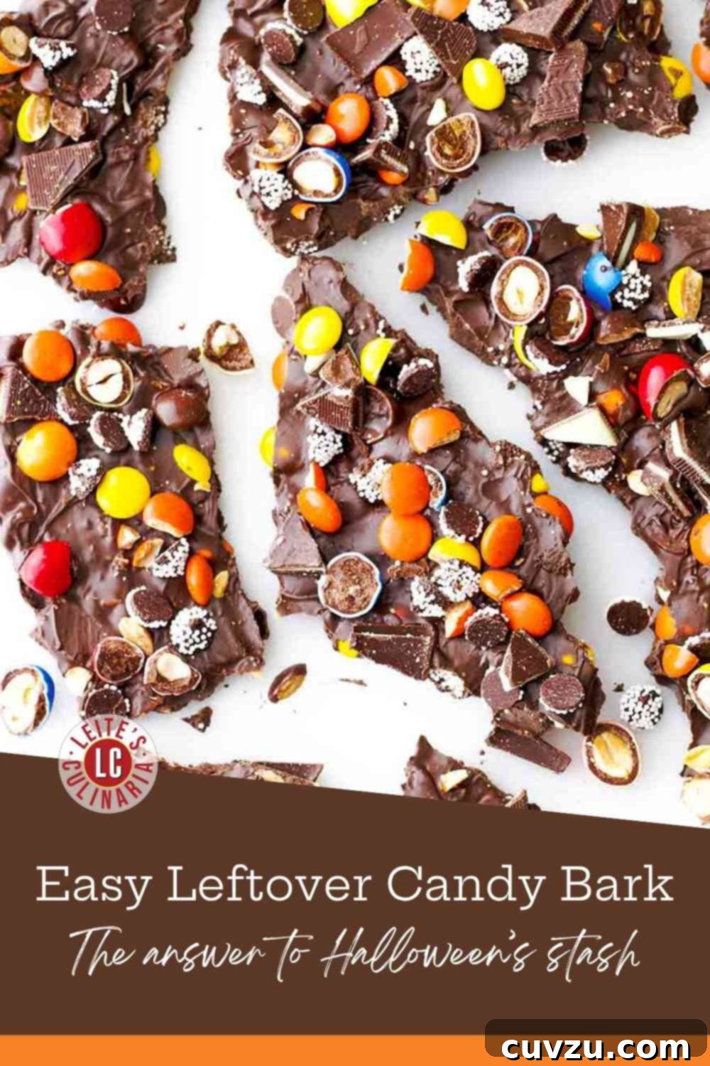 Halloween Candy Remix Bark 3 Leftover Halloween candy bark broken into pieces on a white plate.