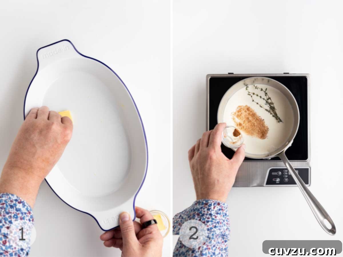 A two-part image showing a person buttering a ceramic casserole dish, and in the second panel, a person gently heating heavy cream with fresh thyme and garlic in a saucepan on the stovetop.
