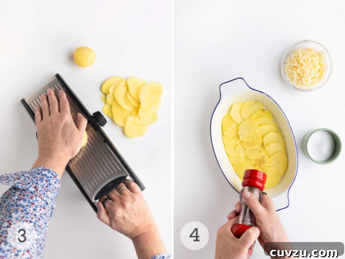 A two-part image illustrating the preparation of potatoes dauphinoise. The first panel shows a person meticulously slicing potatoes on a mandoline. The second panel displays neatly arranged potato slices in a casserole dish, being seasoned with salt and pepper.