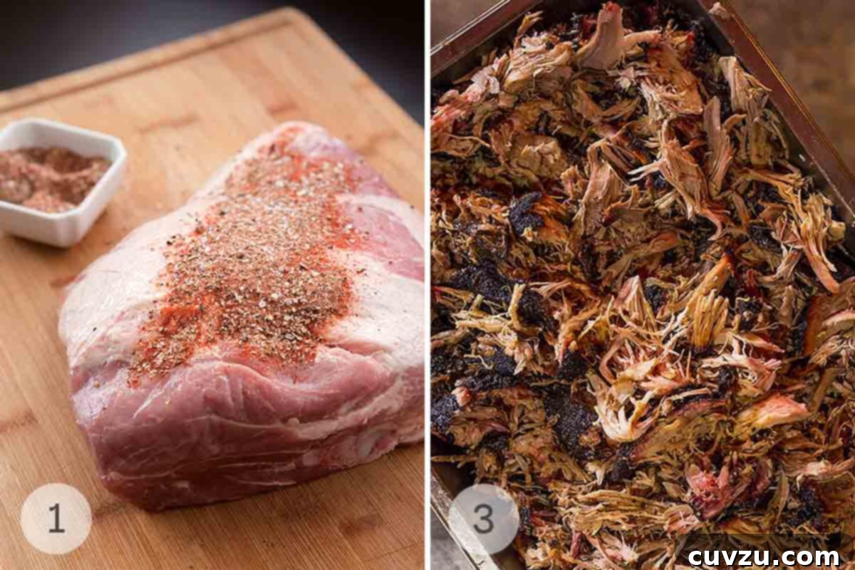 The Ultimate Slow Cooker Pulled Pork 3 A piece of pork butt with spices on top and shredded pork in a roasting pan.