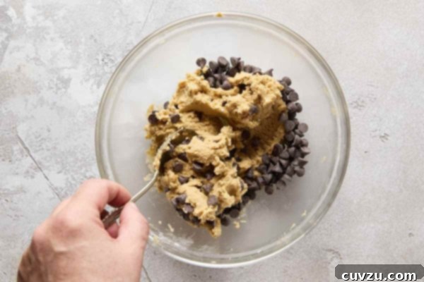 Decadent Egg-Free Chocolate Chip Cookie Dough 16 A person mixing chocolate chips into cookie dough.