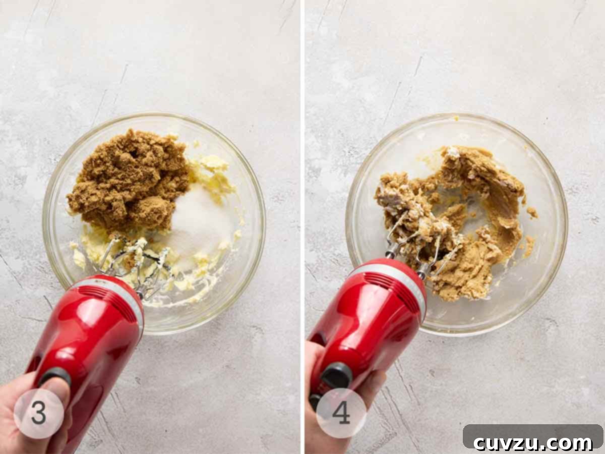 Decadent Egg-Free Chocolate Chip Cookie Dough 7 Images showing butter and sugar being beaten together in a bowl, then the resulting creamy, light mixture.