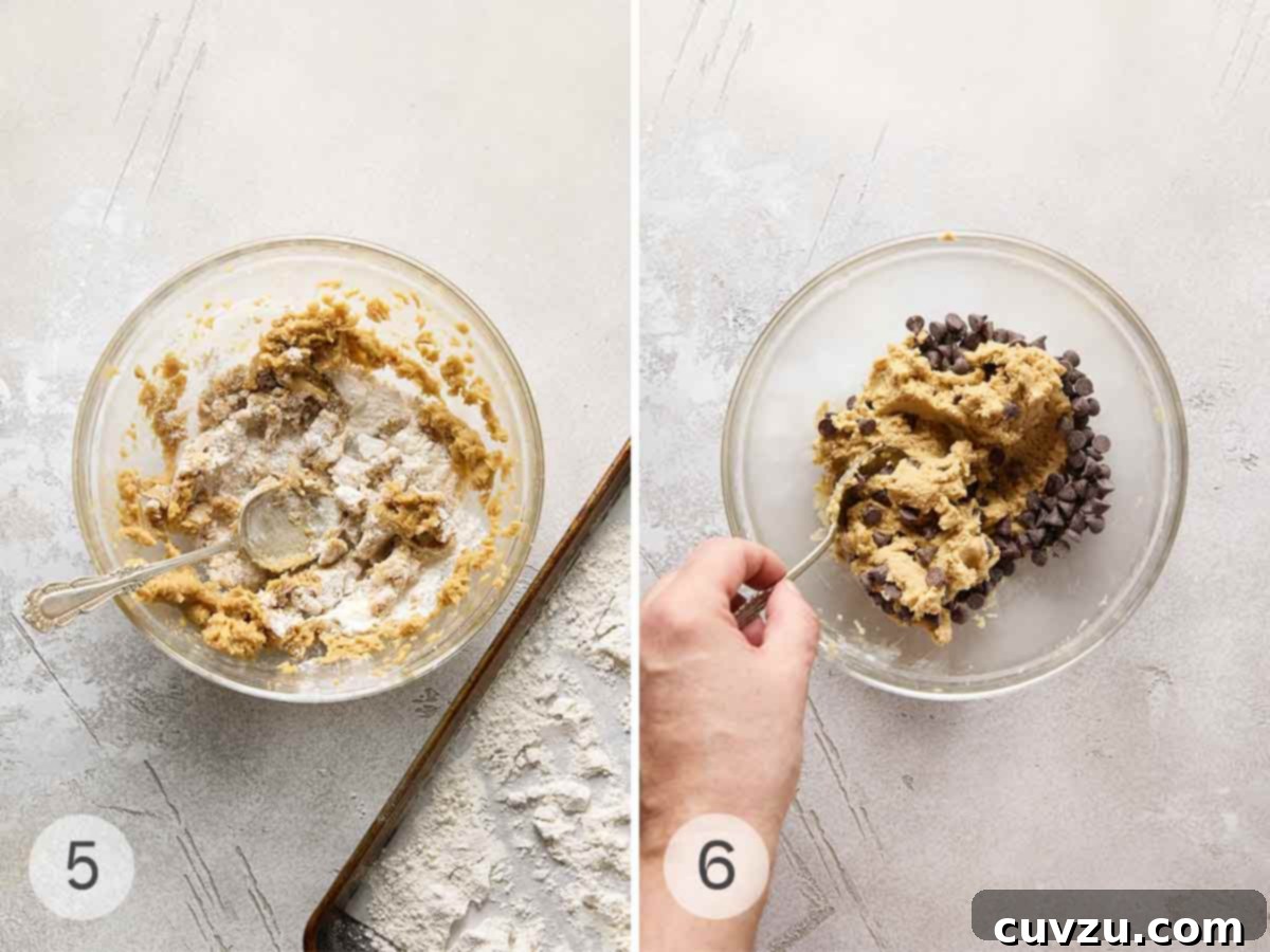 Decadent Egg-Free Chocolate Chip Cookie Dough 8 A bowl of eggless cookie dough with toasted flour added, followed by a person folding in chocolate chips, ready for enjoyment.