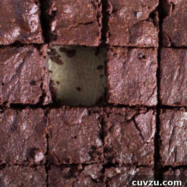 A large tray of freshly baked, rich chocolate brownies, with one piece removed to reveal the moist interior, ready for serving.