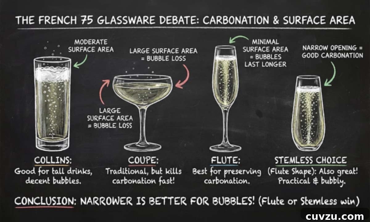 French 75 for a Party 5 Chalkboard diagram comparing a Collins glass, coupe, flute, and stemless flute, illustrating how surface area affects carbonation retention.