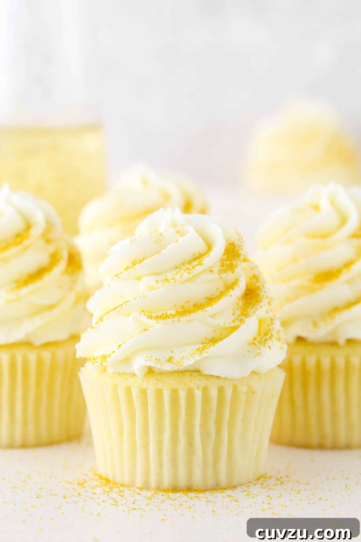 Baking and Cooling Champagne Cupcakes for Perfect Texture Four Champagne Cupcakes decorated with buttercream frosting on a white table top