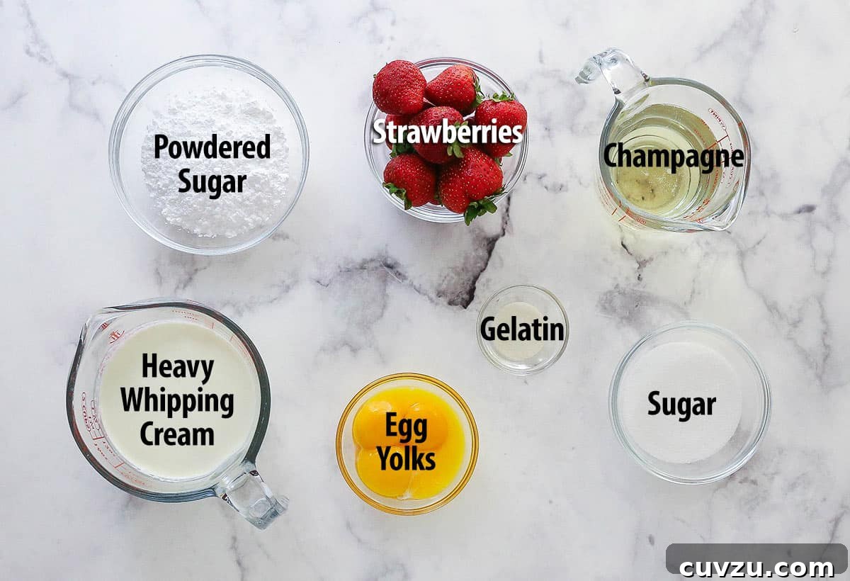 Essential Ingredients for a Perfect Champagne Mousse. Overhead view of ingredients needed to make Champagne Mousse, neatly laid out on a marble surface.