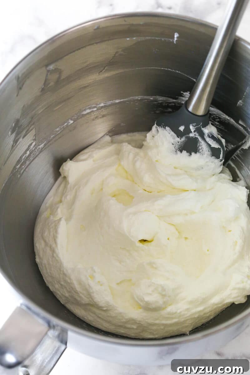 Whip heavy cream and powdered sugar until stiff peaks form. Fluffy, stiff-peaked whipped cream in a gleaming metal mixing bowl.