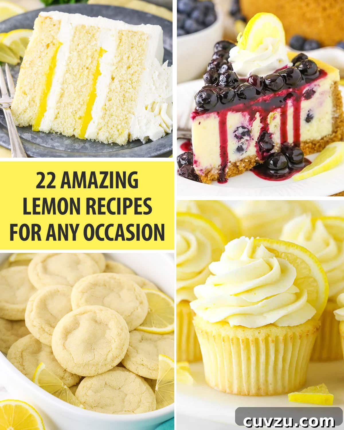 The Ultimate Lemon Dessert Recipes Collection - Fresh & Zesty Treats A beautiful collage of four irresistible lemon desserts: a slice of fluffy lemon cake, a vibrant lemon blueberry cheesecake, chewy lemon sugar cookies, and delightful lemon cupcakes, showcasing the variety of treats available.