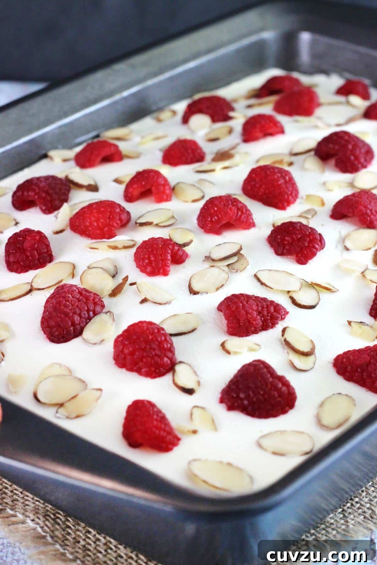 Raspberry Almond Infusion Cake 3 A delicious Raspberry Almond Poke Cake nestled in a metal baking pan, ready to be sliced and served.