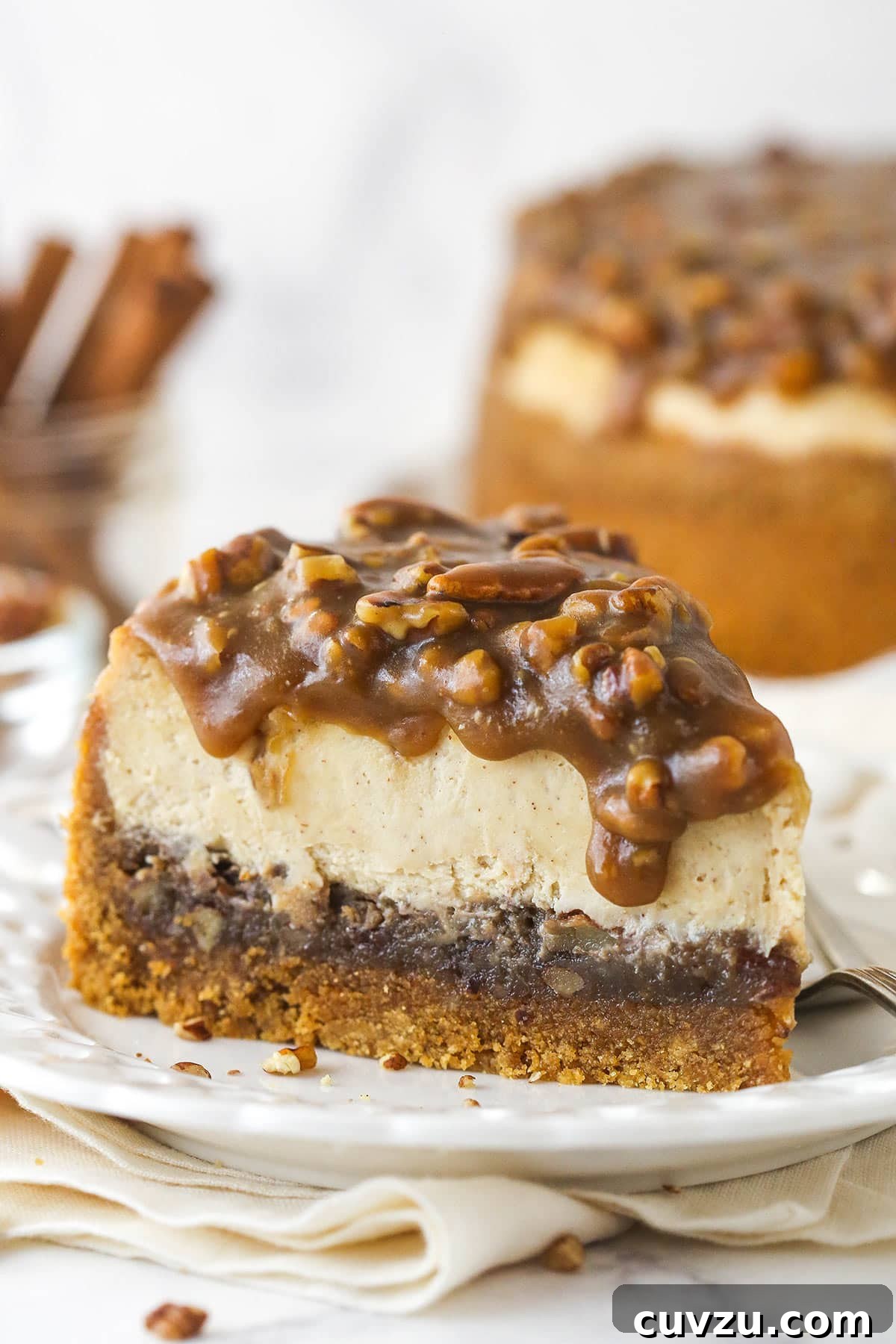 Pecan pie cheesecake combines all of the goodness of classic pecan pie with a smooth, creamy cinnamon cheesecake filling. A beautifully presented slice of Pecan Pie Cheesecake on a white plate, showcasing its distinct layers.