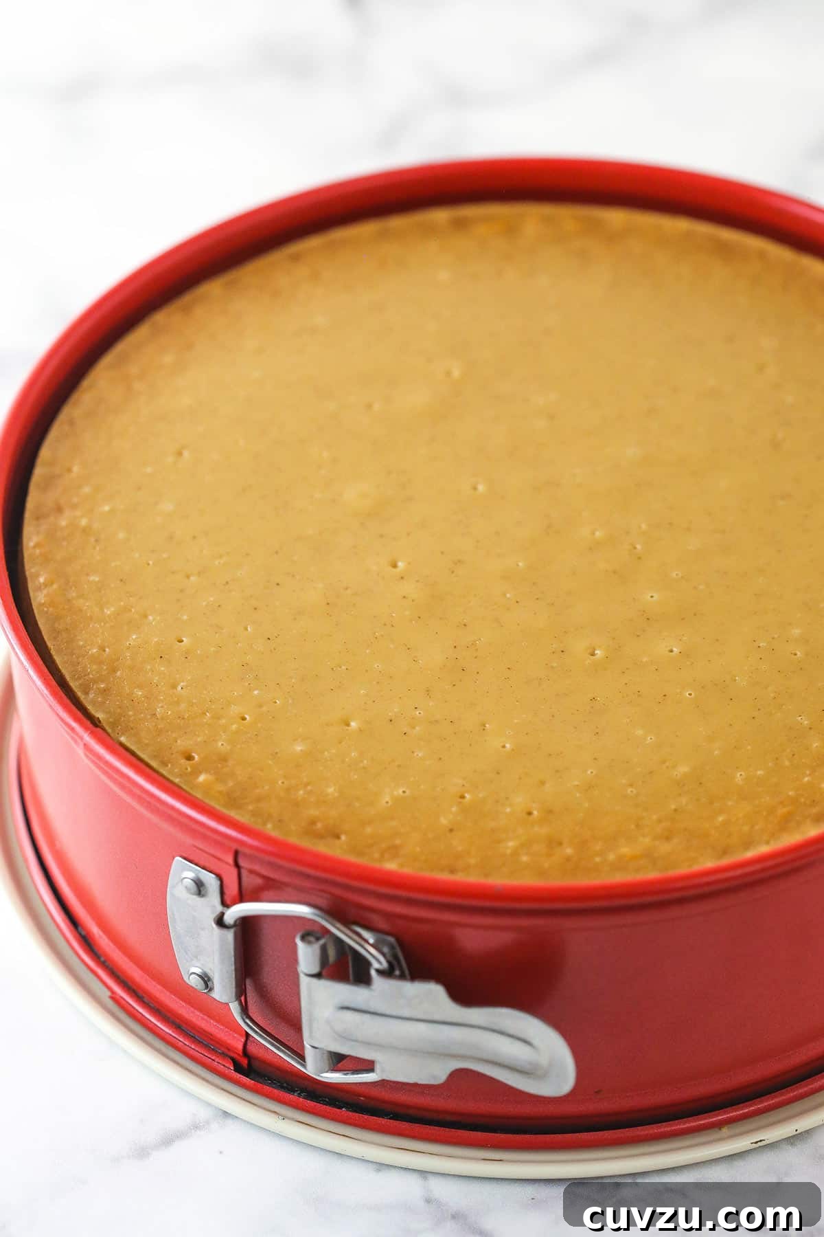 Pecan pie cheesecake combines all of the goodness of classic pecan pie with a smooth, creamy cinnamon cheesecake filling. A fully baked and cooled cheesecake in a springform pan, ready for the pecan topping.