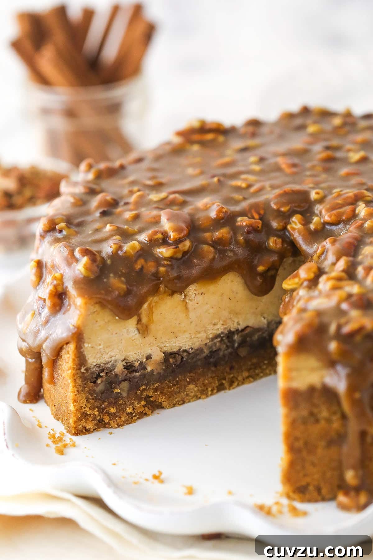 Pecan pie cheesecake combines all of the goodness of classic pecan pie with a smooth, creamy cinnamon cheesecake filling. A pecan pie cheesecake with a large slice removed, showing off its layered interior.