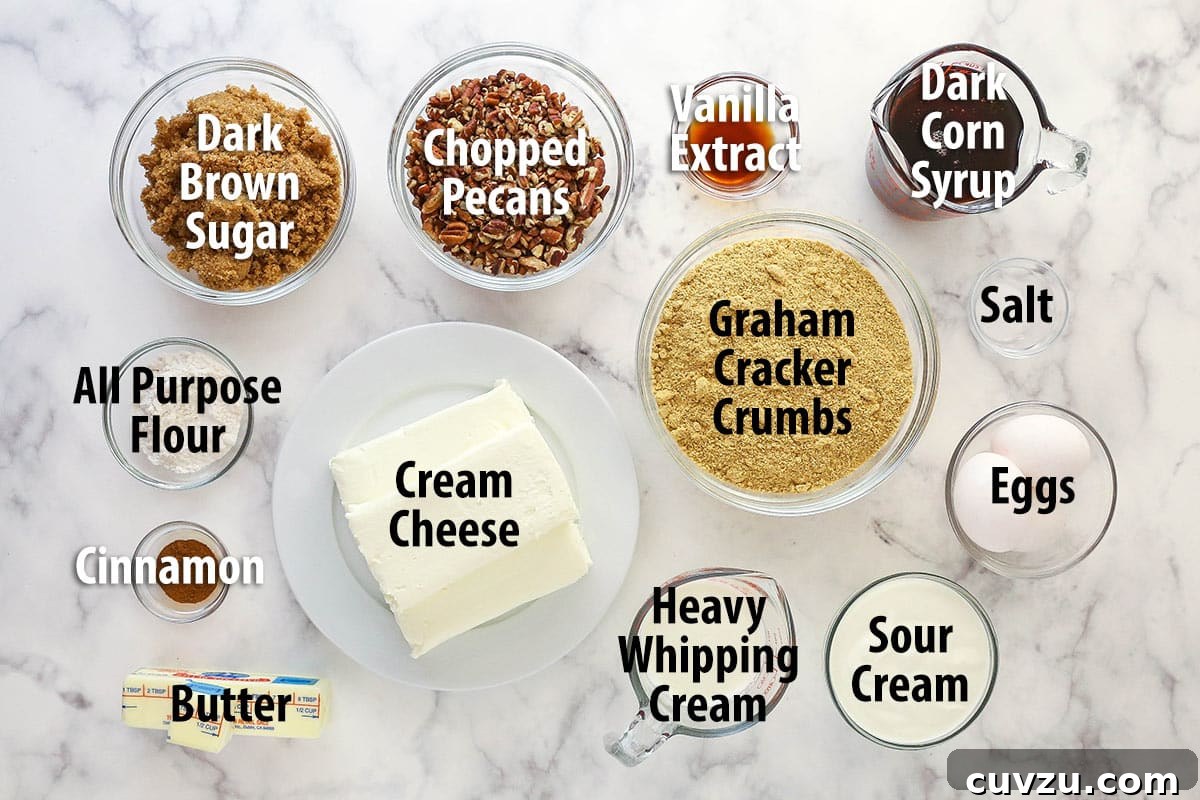 Pecan pie cheesecake combines all of the goodness of classic pecan pie with a smooth, creamy cinnamon cheesecake filling. All the dry and wet ingredients laid out neatly for making pecan pie cheesecake.