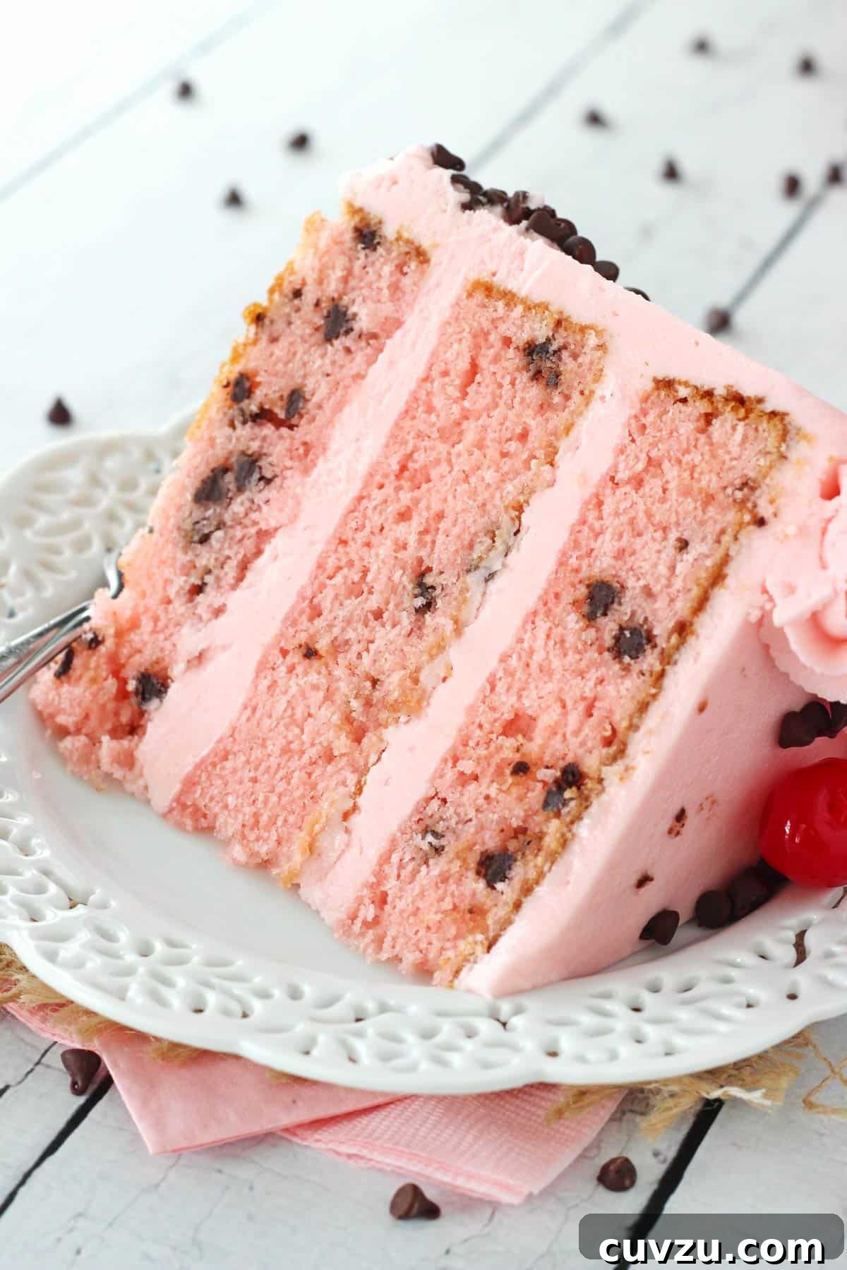 Decadent Chocolate Cherry Delight 2 A slice of cherry chocolate chip cake on a white plate.