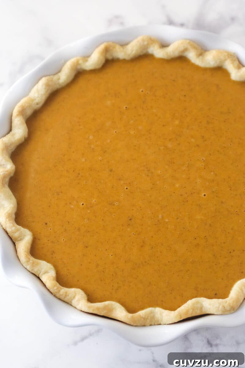 Caramelized Pecan Pumpkin Pie 7 Smooth pumpkin pie filling poured into the blind-baked crust, ready for the oven.