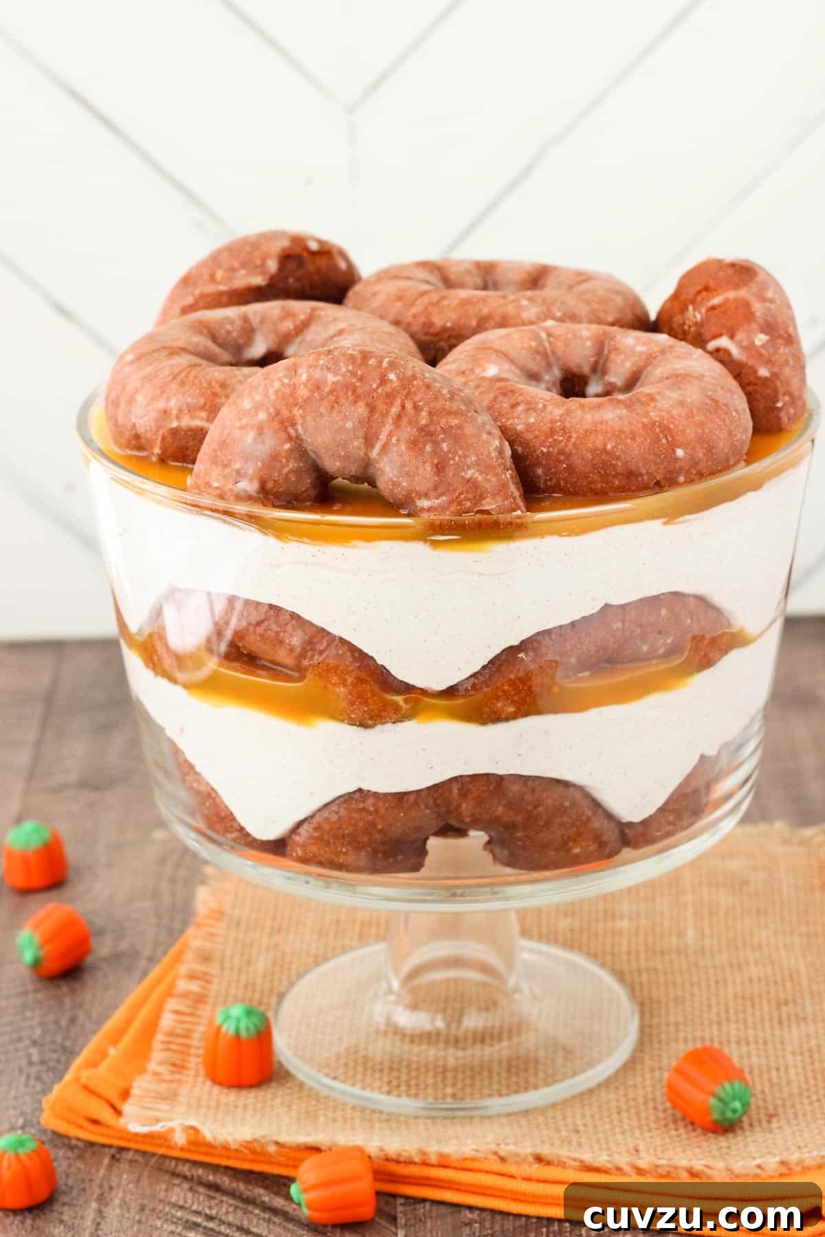 Pumpkin Spice Donut Cheesecake Dream 2 Side view of a pumpkin spice donut cheesecake trifle, showcasing its delicious layers.
