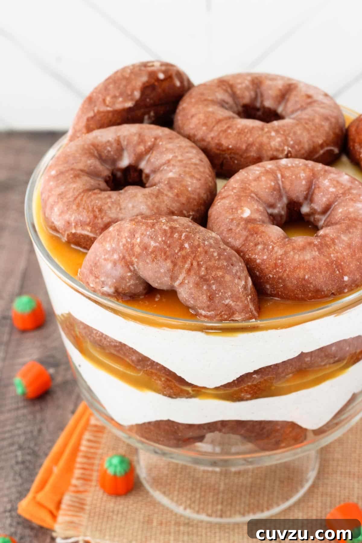 Pumpkin Spice Donut Cheesecake Dream 3 Close up of a pumpkin spice donut cheesecake trifle, highlighting its creamy texture.