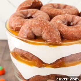 Pumpkin Spice Donut Cheesecake Dream 7 Close up of the side of a pumpkin spice donut cheesecake trifle.