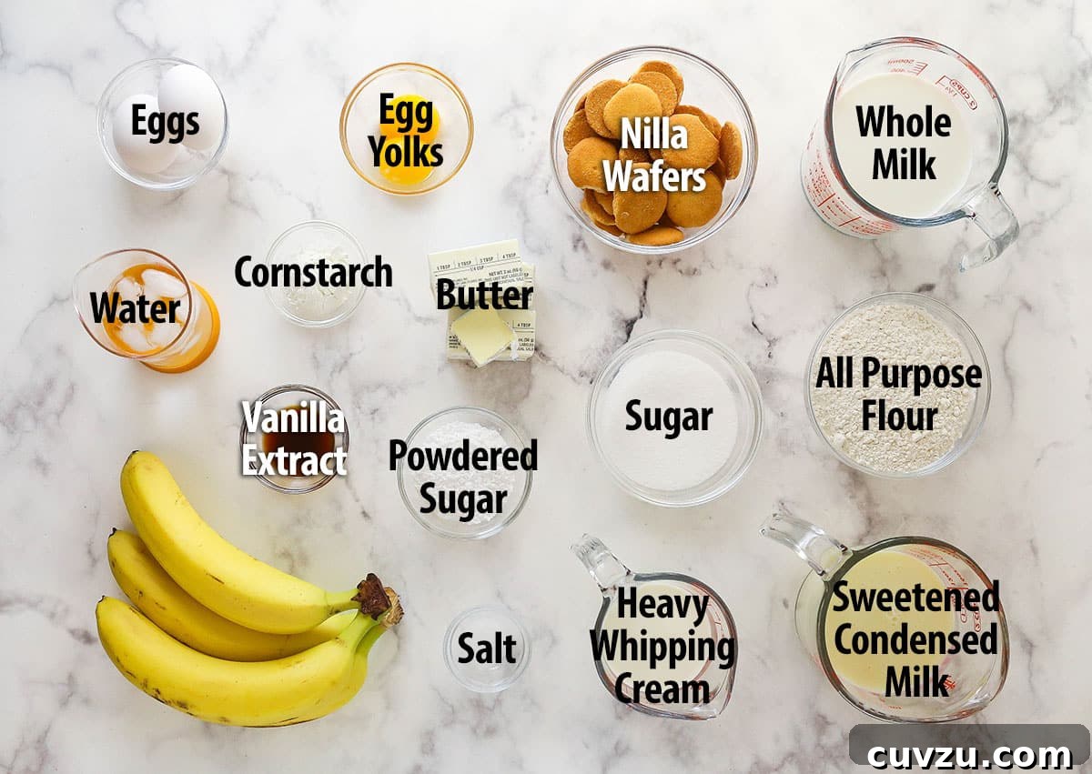 All the components for a delightful banana pudding pie: bananas, Nilla wafers, pudding, and whipped cream, ready to be assembled. An array of labeled ingredients for homemade banana pudding pie, neatly arranged for clarity.